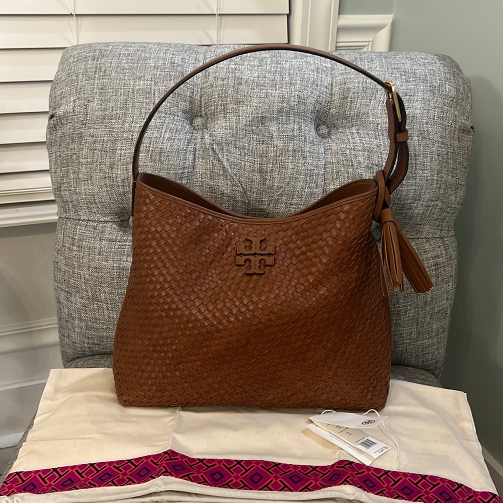 Tory Burch tan Thea Woven Hobo Shoulder Bag purse EUC